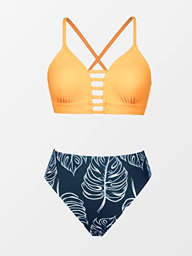 CUPSHE Женский купальник с желтым топом и принтом листьев