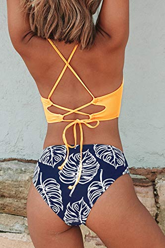 CUPSHE Женский купальник с желтым топом и принтом листьев