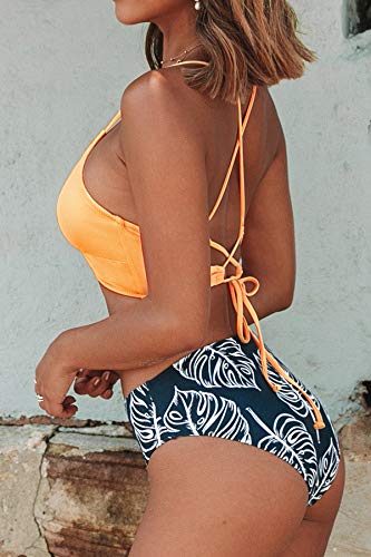 CUPSHE Женский купальник с желтым топом и принтом листьев