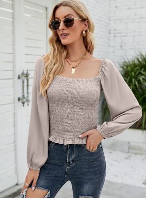 Женская шифоновая блузка с квадратным воротником и длинным рукавом