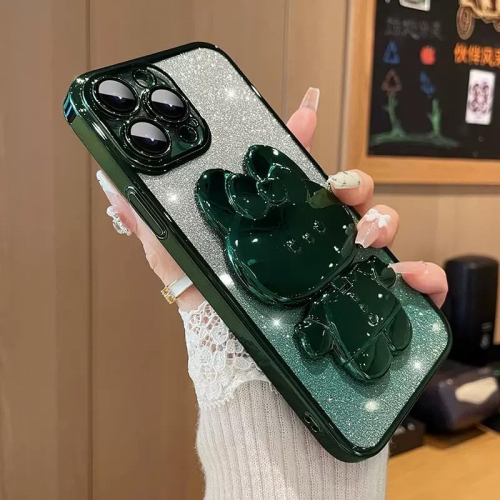 Чехол с зеркалом и подставкой в стиле Kawaii для iPhone 15 Pro, с гальваническим блеском и дизайном «Зайчик» (зеленый)