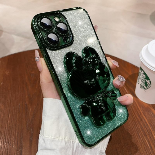 Чехол с зеркалом и подставкой в стиле Kawaii для iPhone 15 Pro, с гальваническим блеском и дизайном «Зайчик» (зеленый)