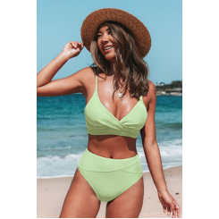 Зеленый комплект бикини с завязкой-бралетт и высокой талией с разрезами