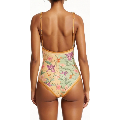 Винтажный двусторонний слитный купальник с цветочным принтом, регулируемыми бретелями, моделирующий живот и с квадратным вырезом для элегантного и скромного пляжного образа.