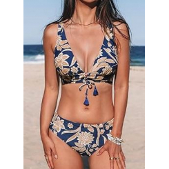 Женский двухчастный купальник с глубоким V-образным вырезом, реверсивный с пейсли-принтом для стильного и универсального пляжного образа.
