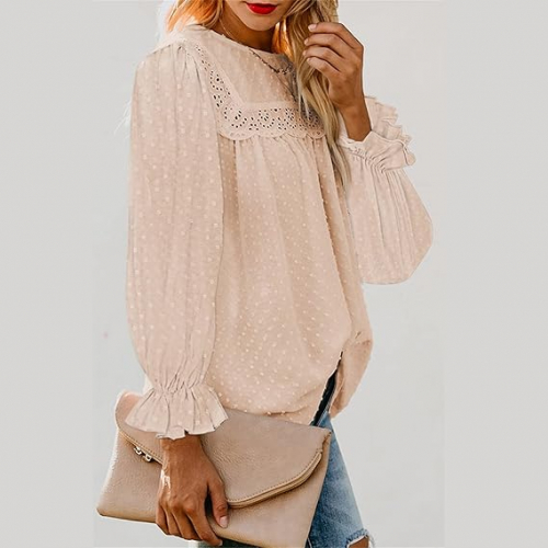 Женская блузка с длинным рукавом и швейцарским горошком, с кружевной отделкой и помпонами