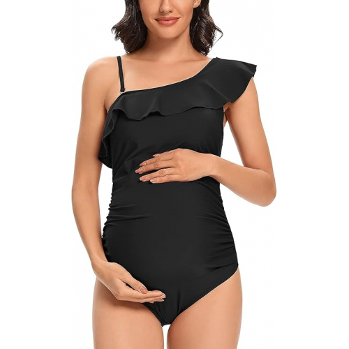 Стильный слитный купальник Tempotrek для беременных с одним плечом, рюшами и асимметричным кроем — комфорт и элегантность для будущих мам.