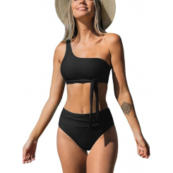 Одно-рукавный бикини с завязками и высоким поясом