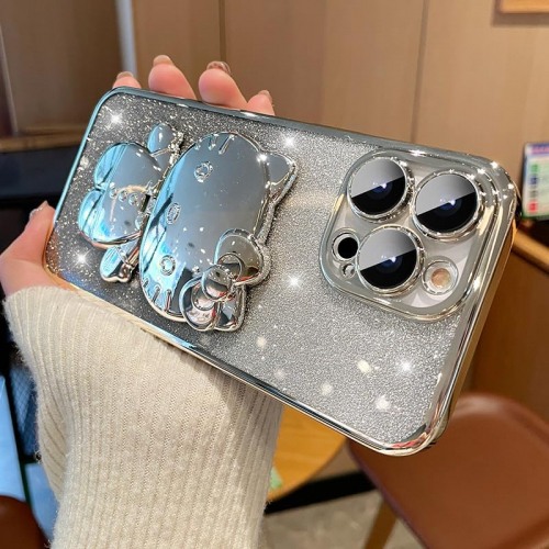 Чехол с зеркалом и подставкой в стиле Kawaii для iPhone 15 Pro, с гальваническим блеском и дизайном «Зайчик» (серый)