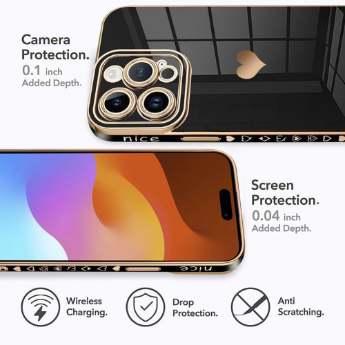 Чехол для iPhone 15 Pro  Max с узором в виде сердца, защитный мягкий TPU-чехол для женщин и девушек с полным покрытием камеры, чёрный