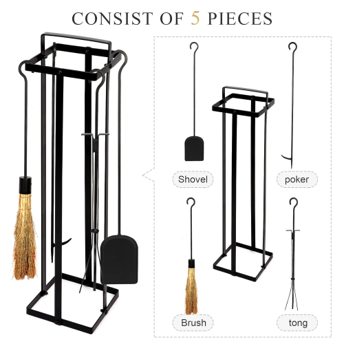Набор каминных аксессуаров из кованого железа с щёткой из натуральной кукурузной соломы — 5 предметов