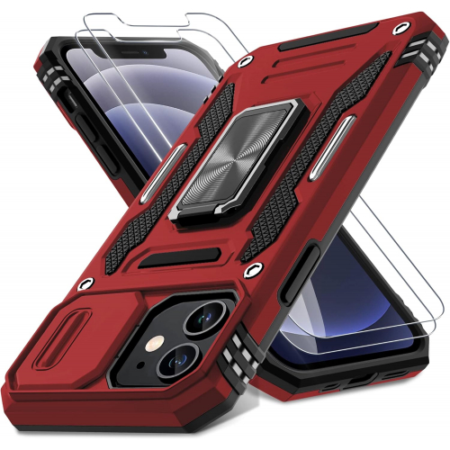 Противоударный чехол для iPhone 12 с выдвижной защитой камеры, кольцом-подставкой и стеклом 