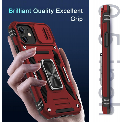 Противоударный чехол для iPhone 12 с выдвижной защитой камеры, кольцом-подставкой и стеклом 