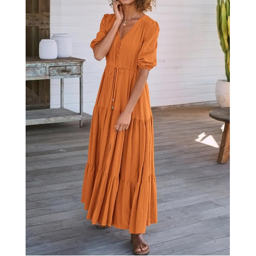 Летнее платье макси с коротким рукавом, V-образным вырезом и регулируемой талией