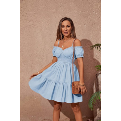 Летнее платье с открытыми плечами из хлопка и льна с воланами и съемными бретелями