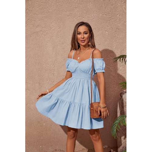 Летнее платье с открытыми плечами из хлопка и льна с воланами и съемными бретелями