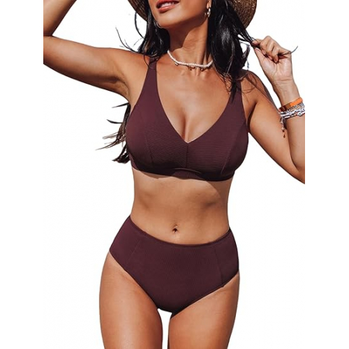 Стильный двухчастный купальник CUPSHE для женщин с высокой талией, V-образным вырезом, регулируемыми бретелями и застежкой на спине — комфорт и яркий стиль для пляжа.