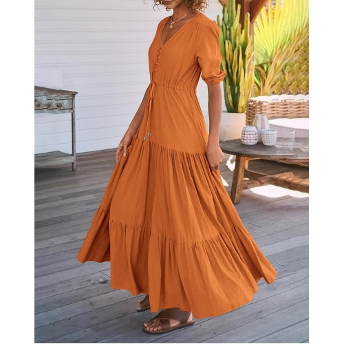 Летнее платье макси с коротким рукавом, V-образным вырезом и регулируемой талией