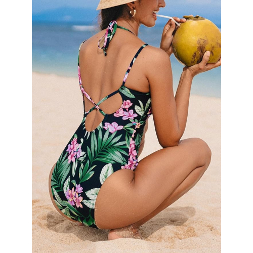 Тропический купальник с V-образным вырезом и завязками на спине