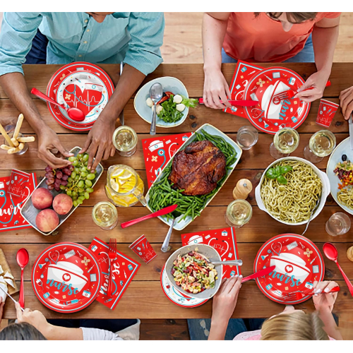 Набор праздничной посуды для медсестёр — красно-белая сервировка на 25 персон