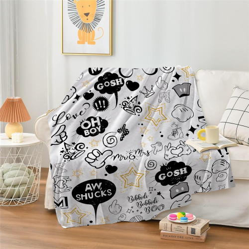 Декоративный плед 130 × 160 см — чёрно-белый плед с мультяшным принтом для дивана, кровати и домашнего интерьера