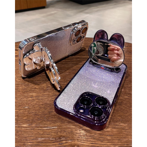Чехол с зеркалом и подставкой в стиле Kawaii для iPhone 15 Pro, с гальваническим блеском и дизайном «Зайчик» (серый)