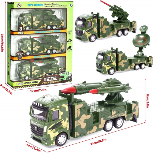 Набор из 3 металлических военных машин: пусковая установка, радиолокационная машина и зенитная установка, инерционные, с подвижными частями, для мальчиков от 3 лет