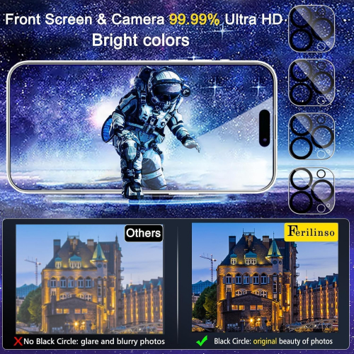 Комплект защитных стекол Ferilinso для iPhone 15 Pro, стекло на экран и на камеру, установка без пузырей