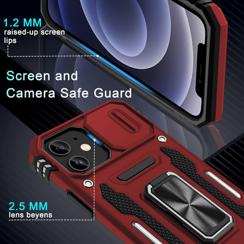 Противоударный чехол для iPhone 12 с выдвижной защитой камеры, кольцом-подставкой и стеклом 