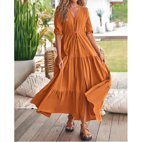 Летнее платье макси с коротким рукавом, V-образным вырезом и регулируемой талией