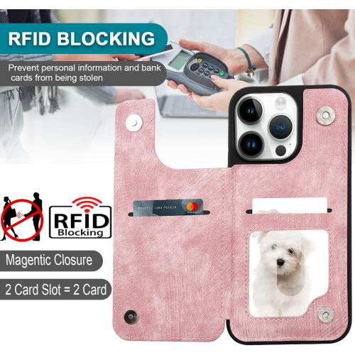 Чехол-книжка для iPhone 15 Pro Max из веган-кожи с отделением для карт, магнитной застёжкой и плотной пленкой (розовый)