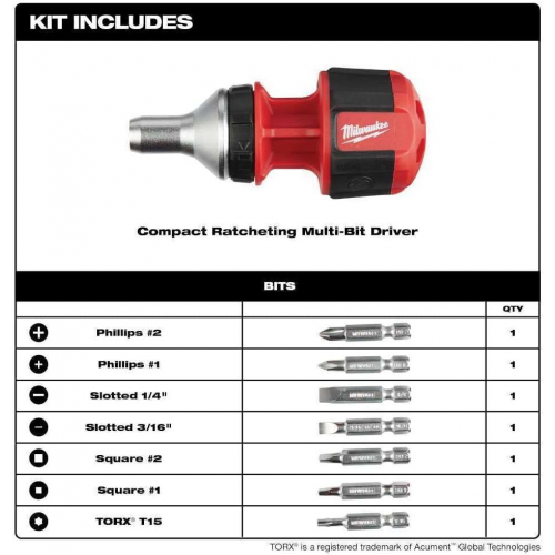 Компактная отвертка с храповым механизмом 8 в 1 Milwaukee