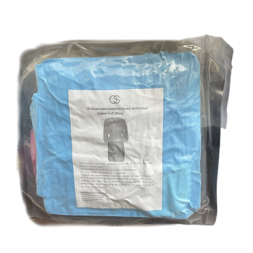 Одноразовый изолирующий халат с трикотажными хлопковыми манжетами (голубой) 