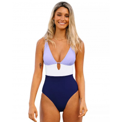 Женский цельный купальник с V-образным вырезом и колорблоком