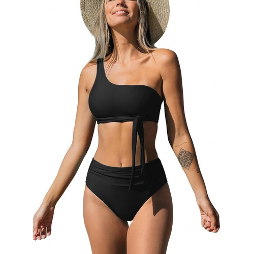 Одно-рукавный бикини с завязками и высоким поясом