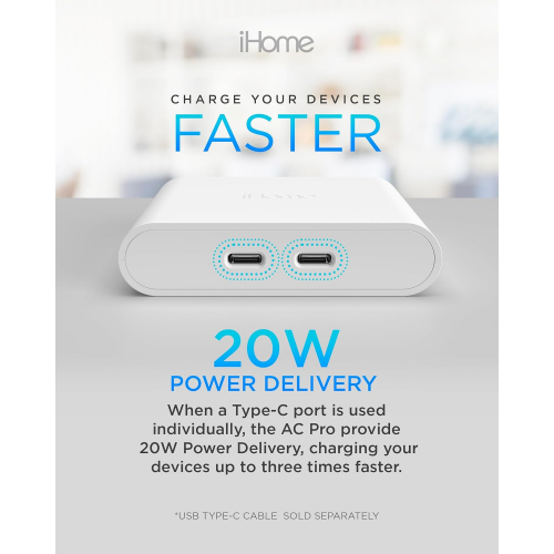 iHome Multiport 20W USB-C зарядный блок — многофункциональный зарядный адаптер с двумя портами