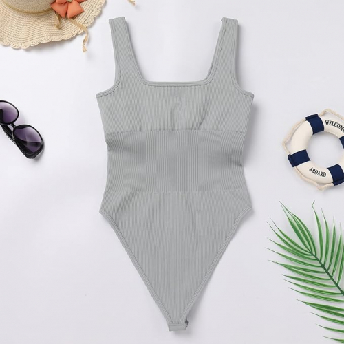 Женский сексуальный ребристый боди без рукавов с квадратным вырезом