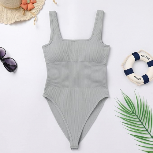 Женский сексуальный ребристый боди без рукавов с квадратным вырезом