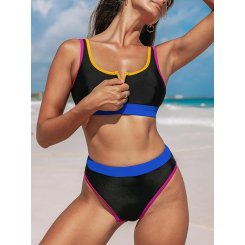 Женский купальник-бикини с молнией и контрастными вставками — топ с круглым вырезом и завышенные трусики