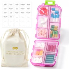 Элегантный органайзер для таблеток с сумочкой и метками — 10 ячеек, компактный и надежный