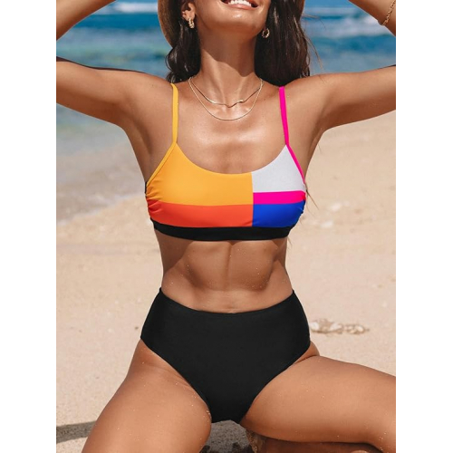 Стильный двухчастный купальник CUPSHE для женщин с цветными блоками, глубоким вырезом, тонкими бретелями и высокой талией — удобство и яркий образ для пляжа.