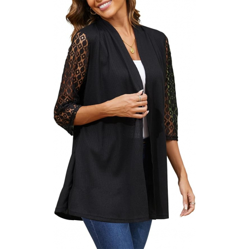 Женский кардиган с кружевными рукавами и вафельным плетением