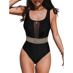 Купальник CUPSHE  — слитный с сетчатым вставками, моделирующий талию и скрывающий живот, с перекрещенными бретелями на спине.