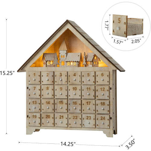 Деревянный новогодний адвент-календарь в форме домика с подсветкой