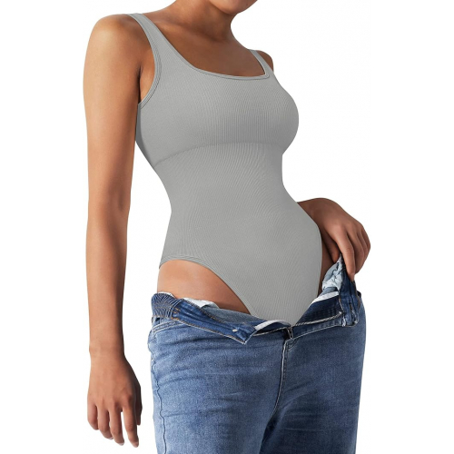 Женский сексуальный ребристый боди без рукавов с квадратным вырезом