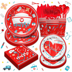 Набор праздничной посуды для медсестёр — красно-белая сервировка на 25 персон