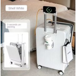 Стильный белый чемодан для ручной клади с USB-зарядкой и подстаканником