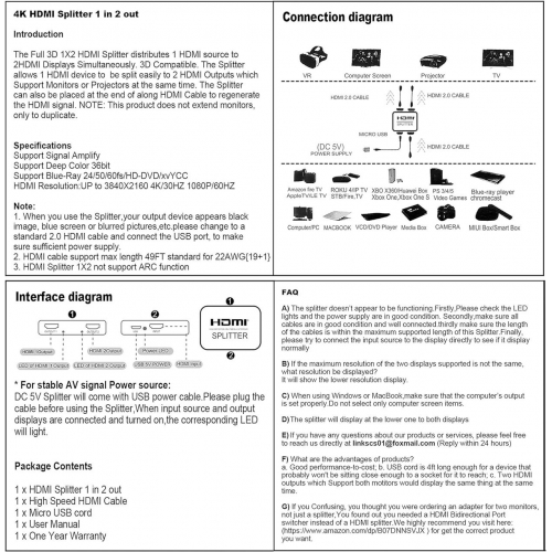 Разветвитель HDMI 4K для двух мониторов