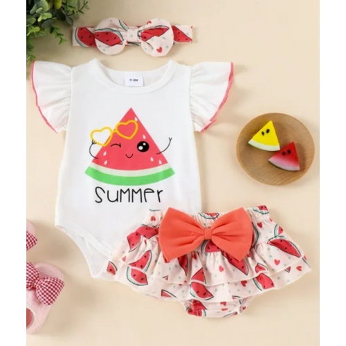 Летний комплект для малышей с фруктовым принтом — боди, шорты и повязка