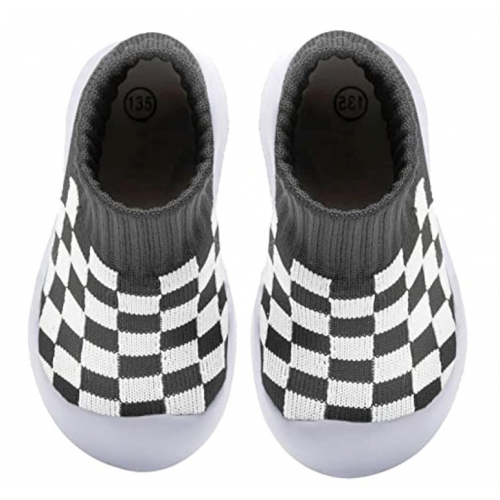 Детские носки-кеды с противоскользящей подошвой, серый клетчатый принт